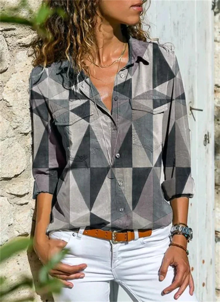 Damen Bluse – Lockerer Schnitt – Atmungsaktive Mischung – Knopfleiste – 3/4-Ärmel