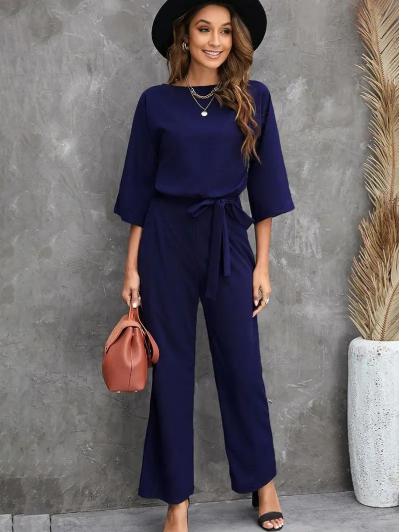 Damen Jumpsuit – Lockerer Schnitt – Atmungsaktive Mischung – Gürtel – 3/4 Ärmel