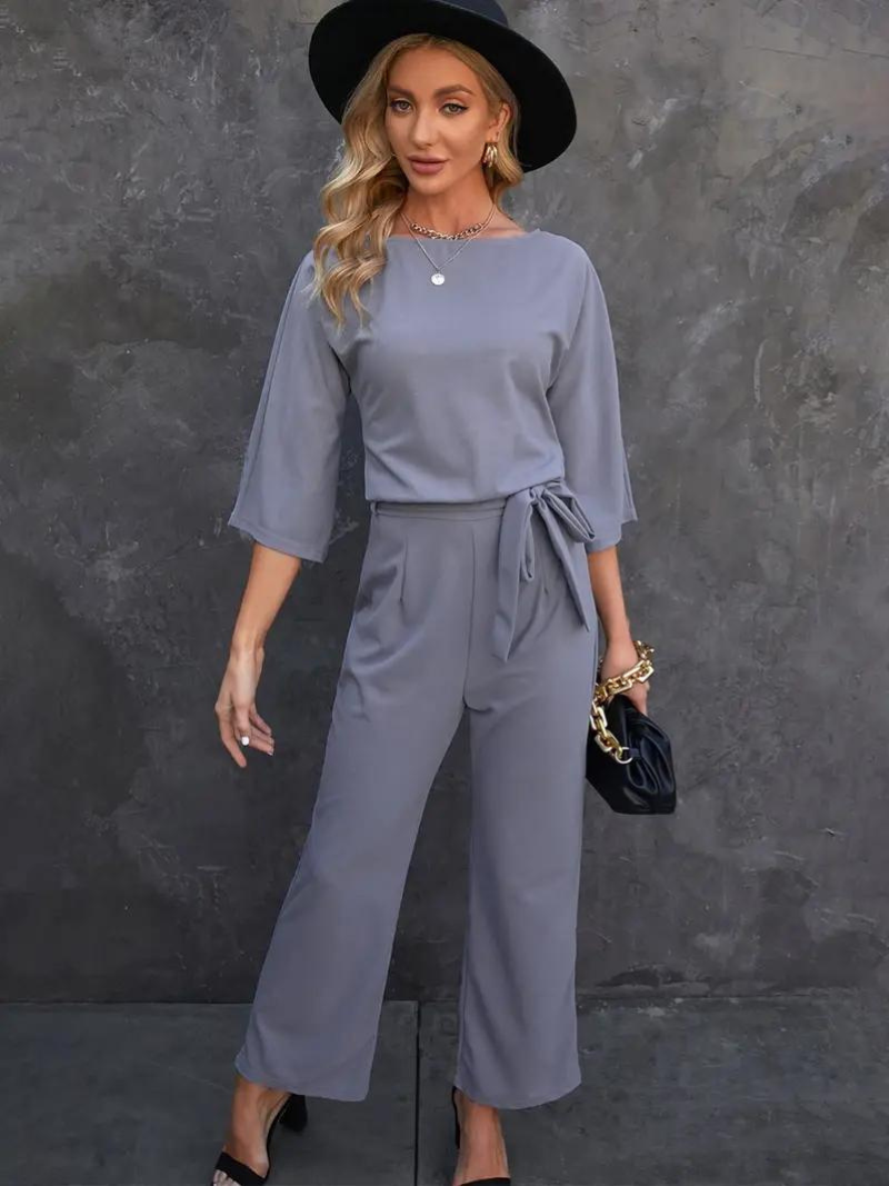 Damen Jumpsuit – Lockerer Schnitt – Atmungsaktive Mischung – Gürtel – 3/4 Ärmel