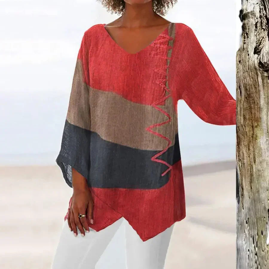 Damen Bluse – Lockerer Schnitt – V-Ausschnitt – 3/4 Arm – Atmungsaktives Gewebe