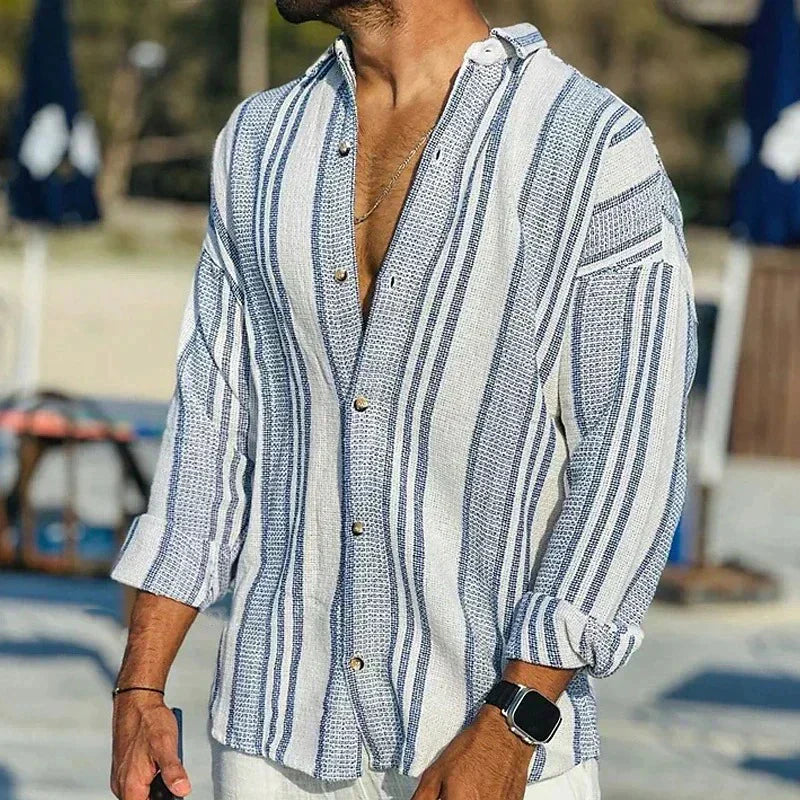 Herren Langarmhemd – Relaxed Fit – Atmungsaktive Mischung – Gestreift & Knopfleiste