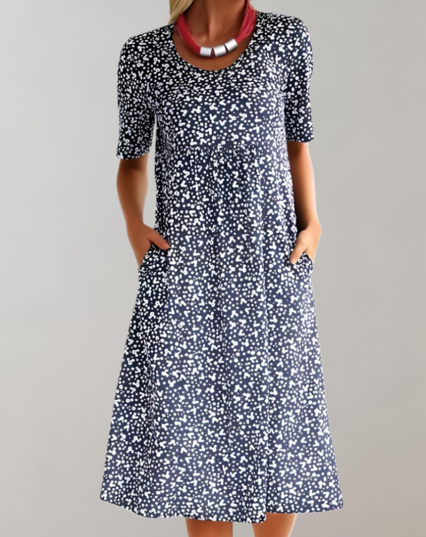 Damen Midikleid – Lockerer Schnitt – V-Ausschnitt – Kurzarm mit Taschen – Atmungsaktives Material