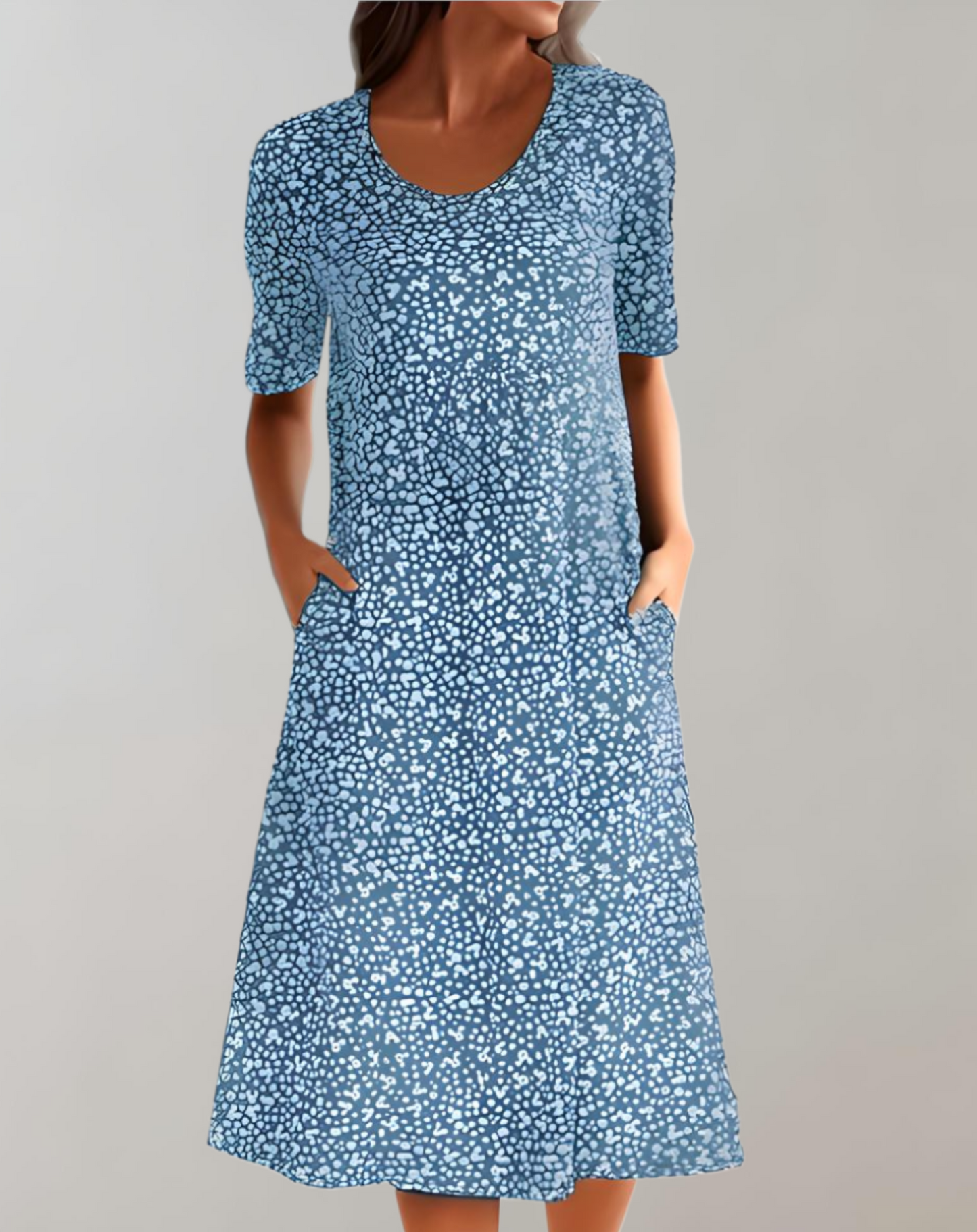 Damen Midikleid – Lockerer Schnitt – V-Ausschnitt – Kurzarm mit Taschen – Atmungsaktives Material