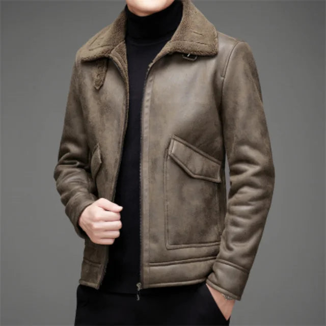 Herren Lederjacke – Strukturierte Passform – Fleecekragen – Reißverschluss – Kurzschnitt