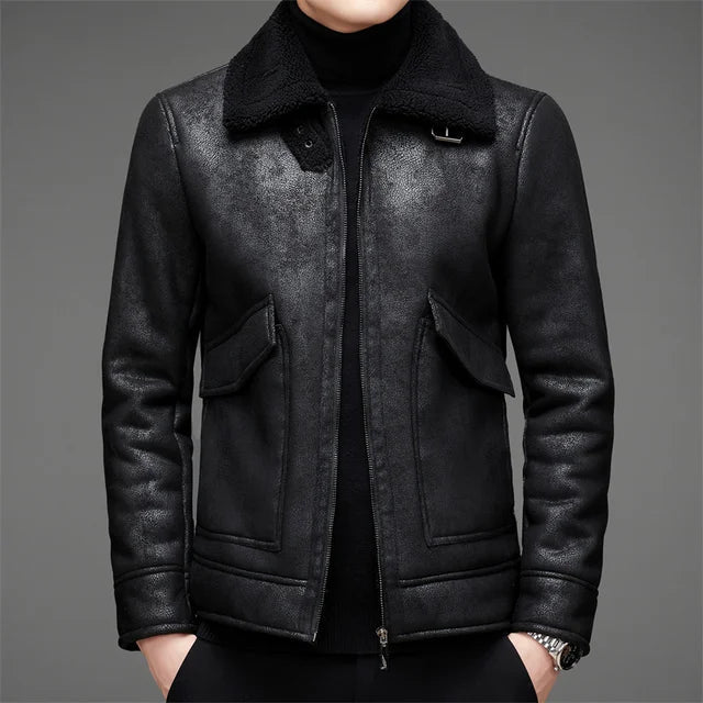 Herren Lederjacke – Strukturierte Passform – Fleecekragen – Reißverschluss – Kurzschnitt