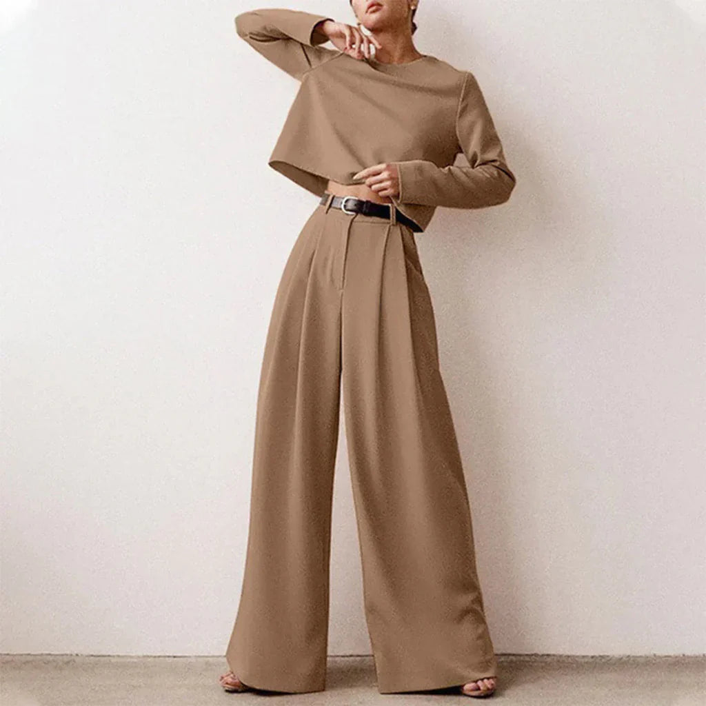 Women’s Two-Piece Palazzo Set – Relaxed Fit – Soft Drape Top – Wide-Leg Trousers