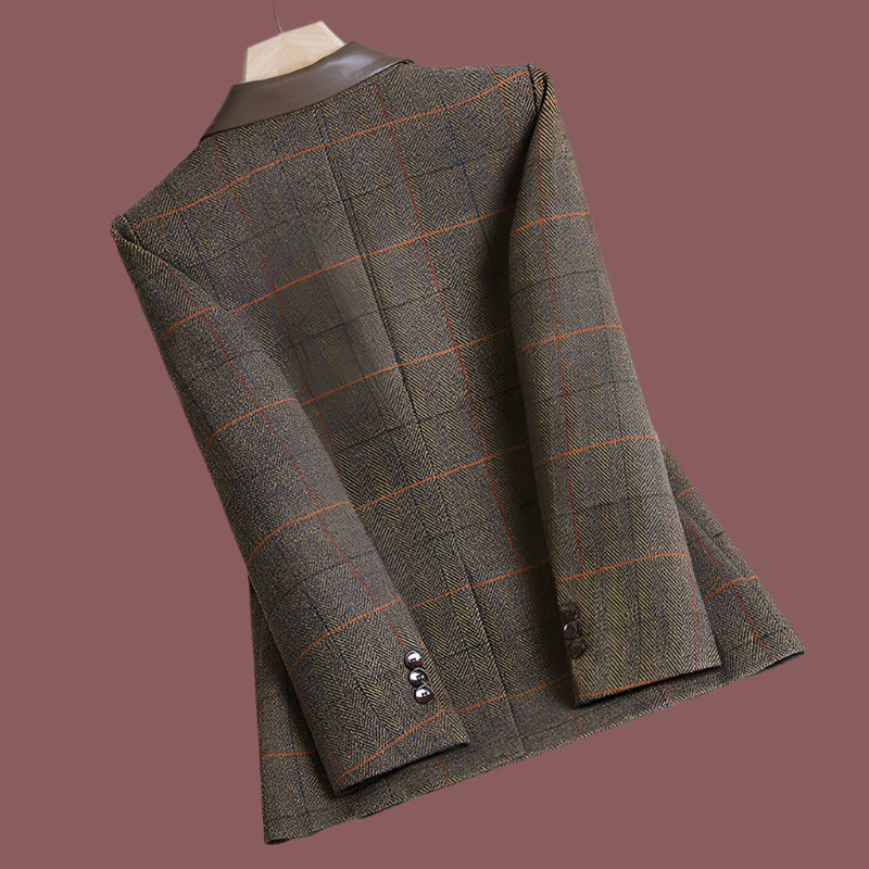 Damen Blazer – Taillierter Schnitt – Karomuster – Ein-Knopf – Lederdetails