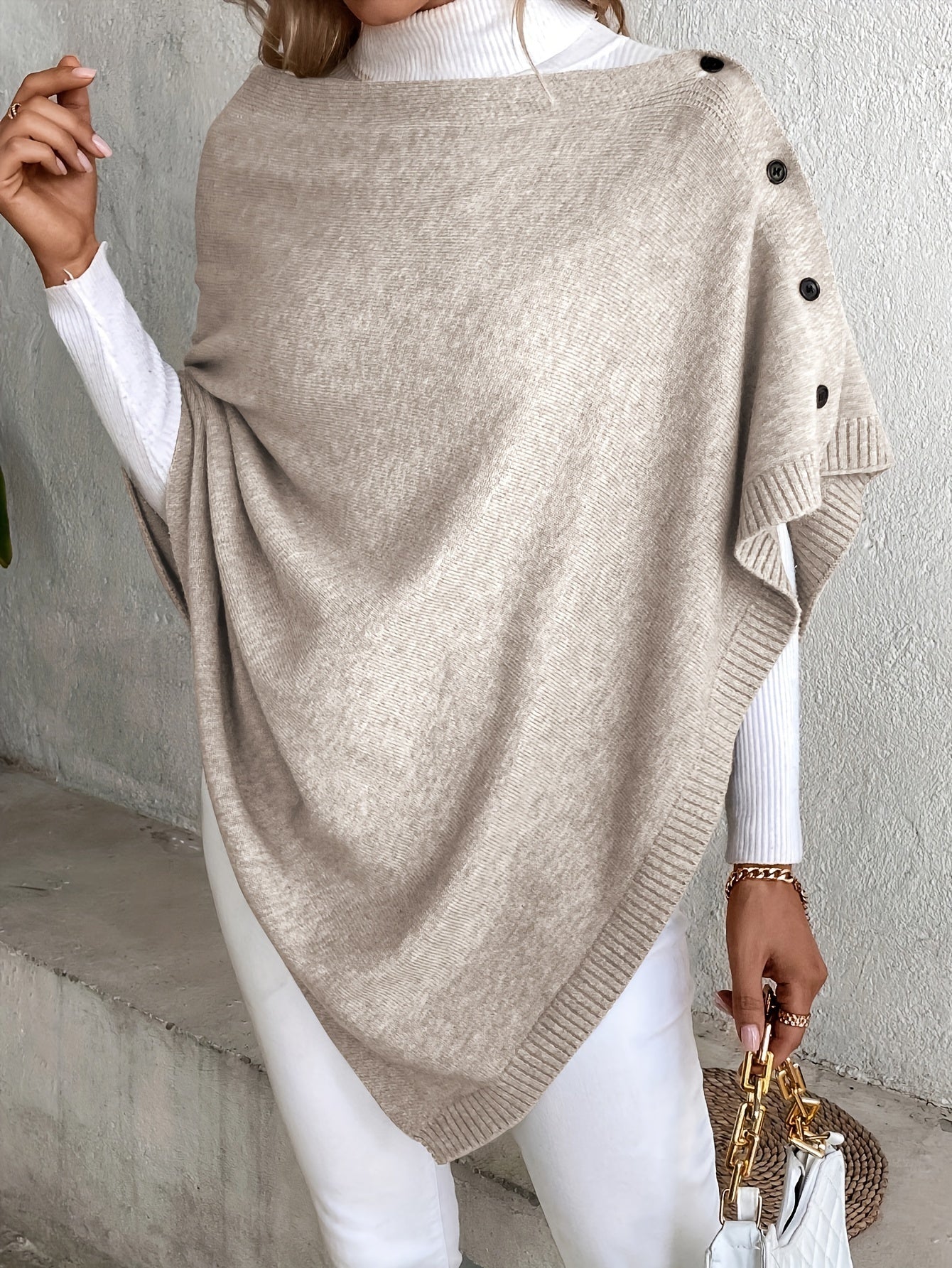 Damen Poncho – Soft Knit – Lockerer Schnitt – Knopfleiste – Gerippte Abschlüsse