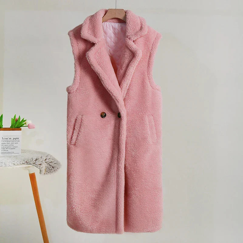 Damen Ärmelloser Mantel – Teddyfell – Oversize Passform – Mittellang – Großer Reverskragen