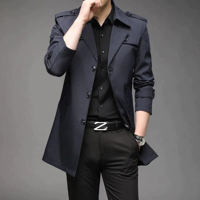 Herren Trenchcoat – Slim Fit – Einreiher – Strukturierter Schnitt – Schulterriegel