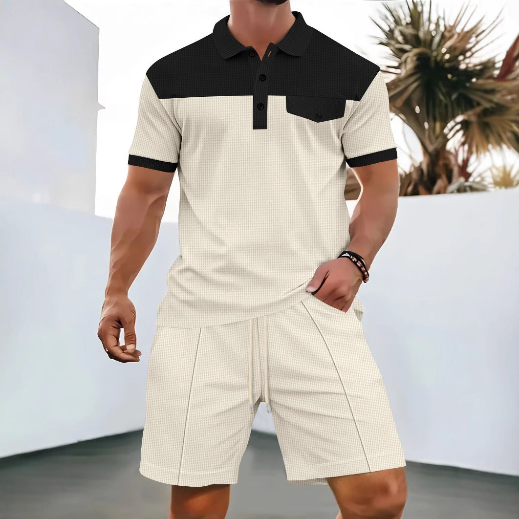 Heren Set – Poloshirt en Shorts – Regular Fit – Atmungsaktives Baumwollmaterial – Brusttasche