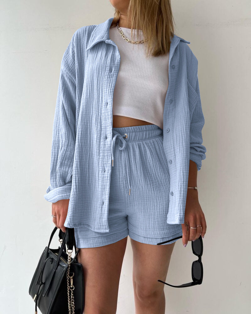 Damen Zweiteiler Set – Oversize Crinkle Hemd – High Waist Shorts mit Kordelzug
