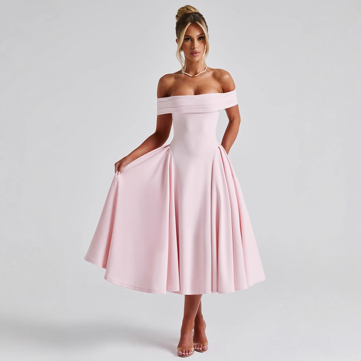 Damen Midikleid – Off Shoulder – A-Linien-Schnitt – Eleganter Look – Luxusstoff