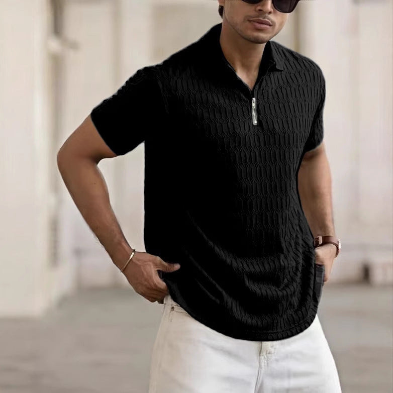 Herren Poloshirt – Regular Fit – Atmungsaktive Mischung – Strukturmuster – Zipperleiste