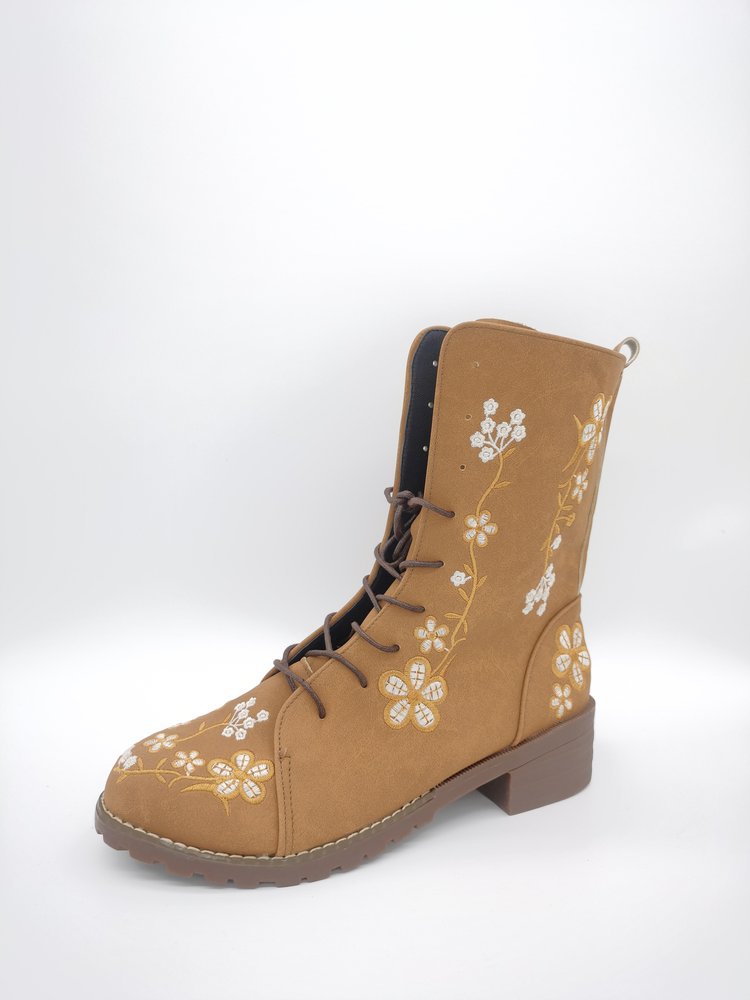Damen Mid-Calf Boots – Strukturierte Passform – Stickerei – Blockabsatz – Reißverschluss
