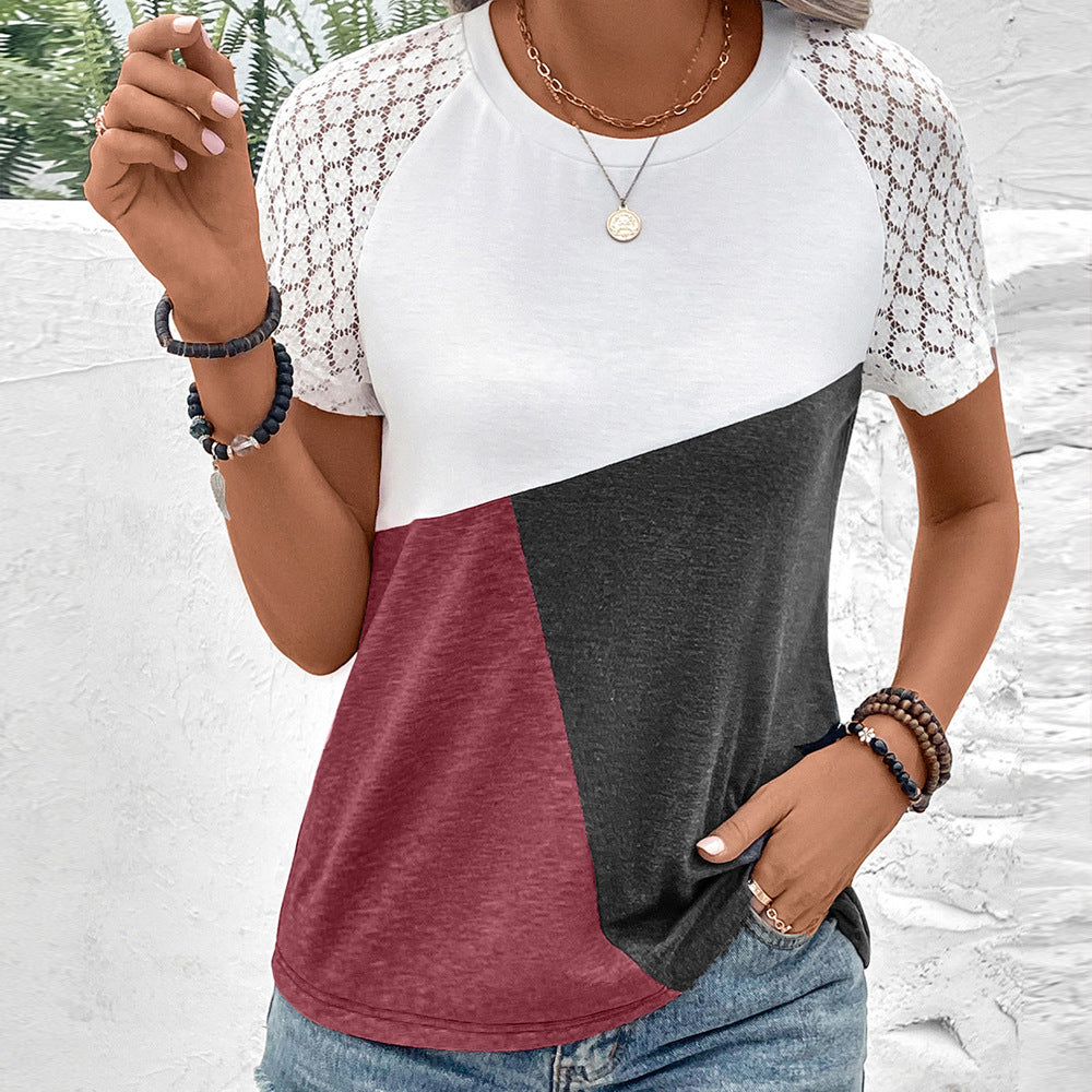 Damen T-Shirt – Relaxed Fit – Baumwollmix – Spitzendetails – Rundhals Colorblock