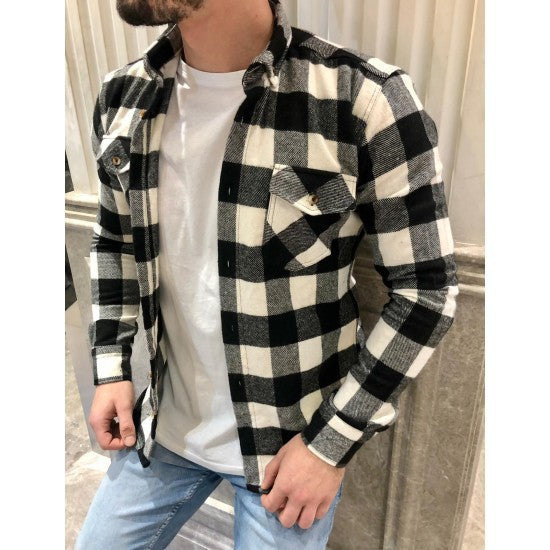 Herren Freizeithemd – Kariert – Lockere Passform – Leinen-Baumwollmix – Langarm mit Taschen