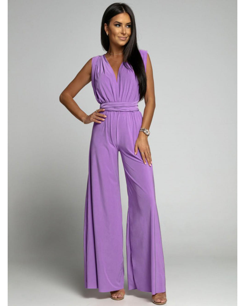 Damen Jumpsuit – Atmungsaktiver Stoff – Ärmellos – Wickel-V-Ausschnitt – Weites Bein