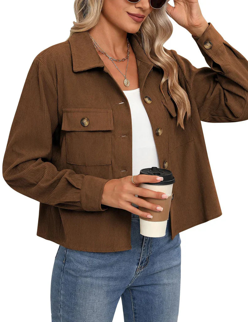 Damen Utility-Jacke – Lockere Passform – Gerippte Struktur – Knopfleiste – Brusttaschen