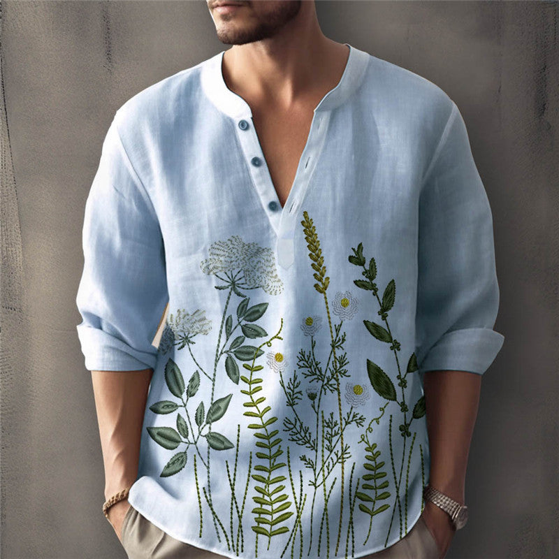 Herren Henley Shirt – Lockerer Schnitt – Florale Stickerei – Atmungsaktive Baumwolle