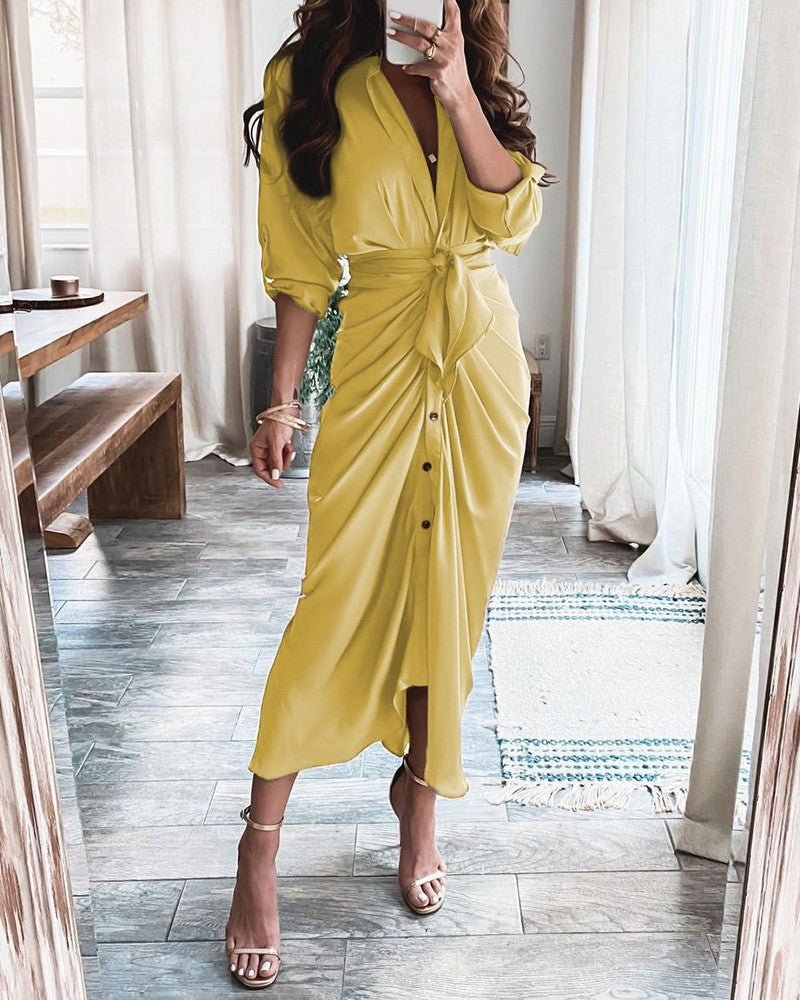 Damen Maxikleid – V-Ausschnitt – Knopfleiste – Bindegürtel – Langarm – Baumwollmix