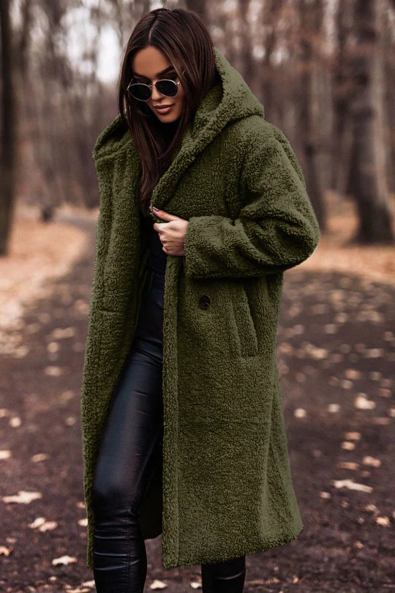 Damen Teddy Mantel – Oversized Schnitt – Flauschiger Fleece – Kapuze – Lang Offen