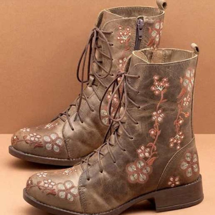 Damen Mid-Calf Boots – Strukturierte Passform – Stickerei – Blockabsatz – Reißverschluss