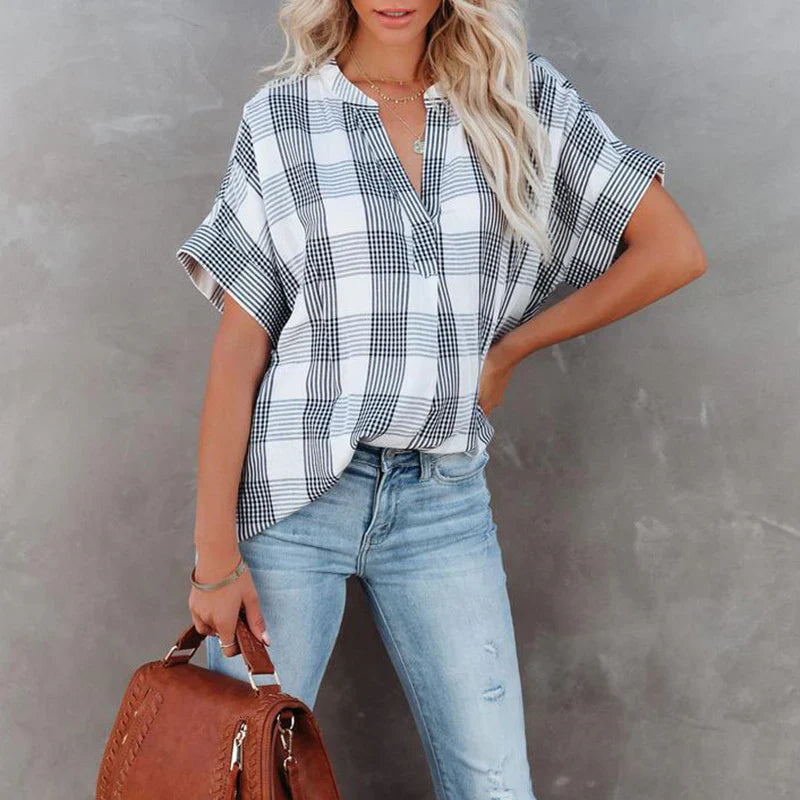 Damen Bluse – Lockerer Schnitt – Kariertes Muster – V-Ausschnitt – Baumwolle