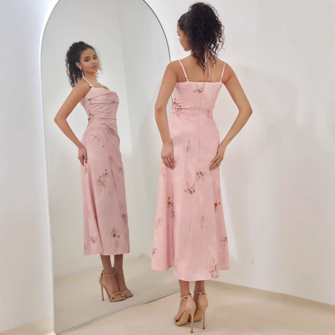 Damen Midi Kleid – A-Linie – Strappy Design – Raffung – Florales Muster – Luxus Stoff