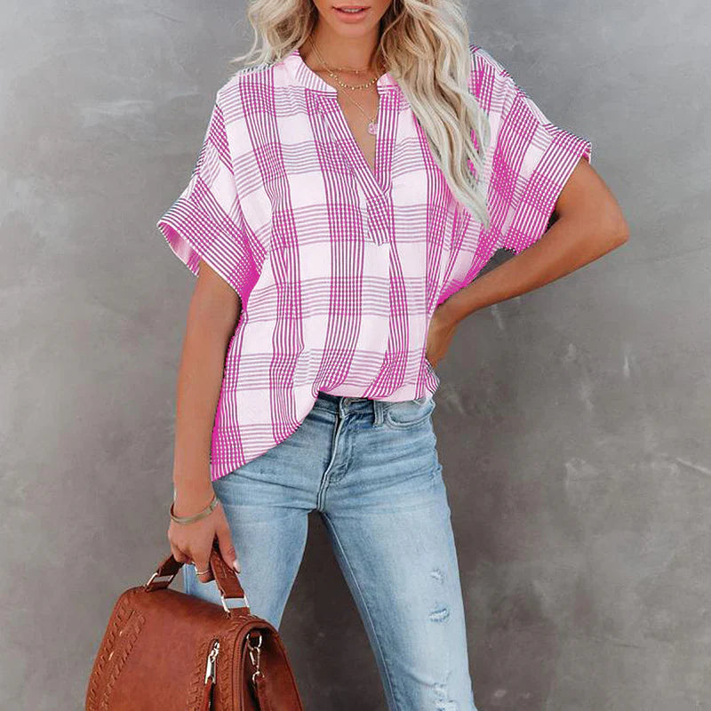 Damen Bluse – Lockerer Schnitt – Kariertes Muster – V-Ausschnitt – Baumwolle