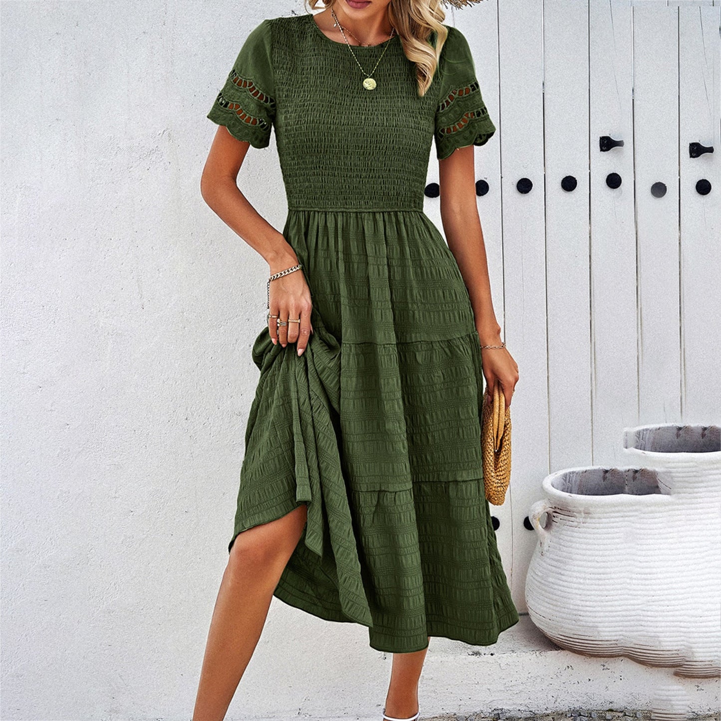 Damen Midikleid – Smock-Oberteil – Stufenrock – Cut-Out-Ärmel – Fließender Schnitt