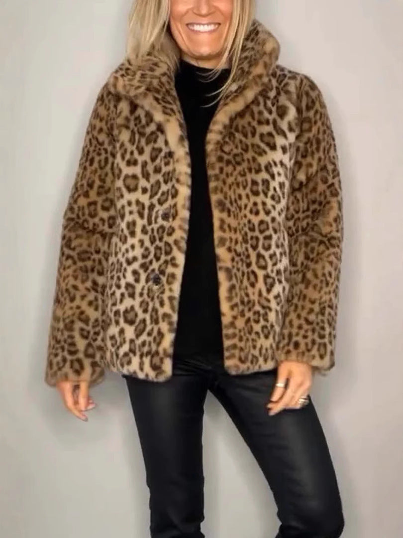 Damen Mantel – Kunstfell – Oversize Passform – Reverskragen – Leopardenmuster
