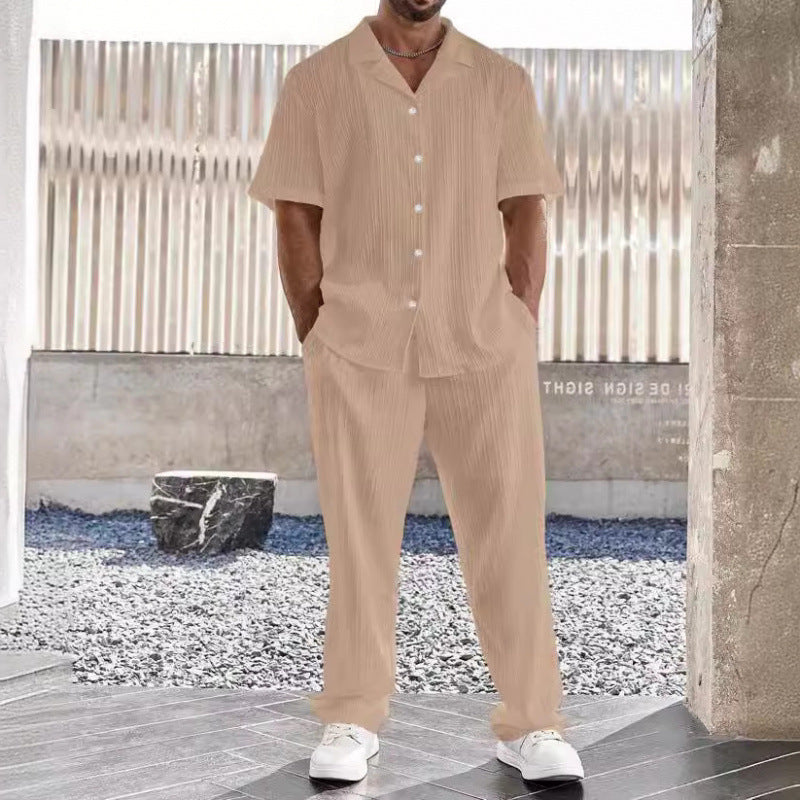 Herren Freizeitset – Atmungsaktive Naturfasern – Lockeres Kurzarmhemd – Gerade Hose