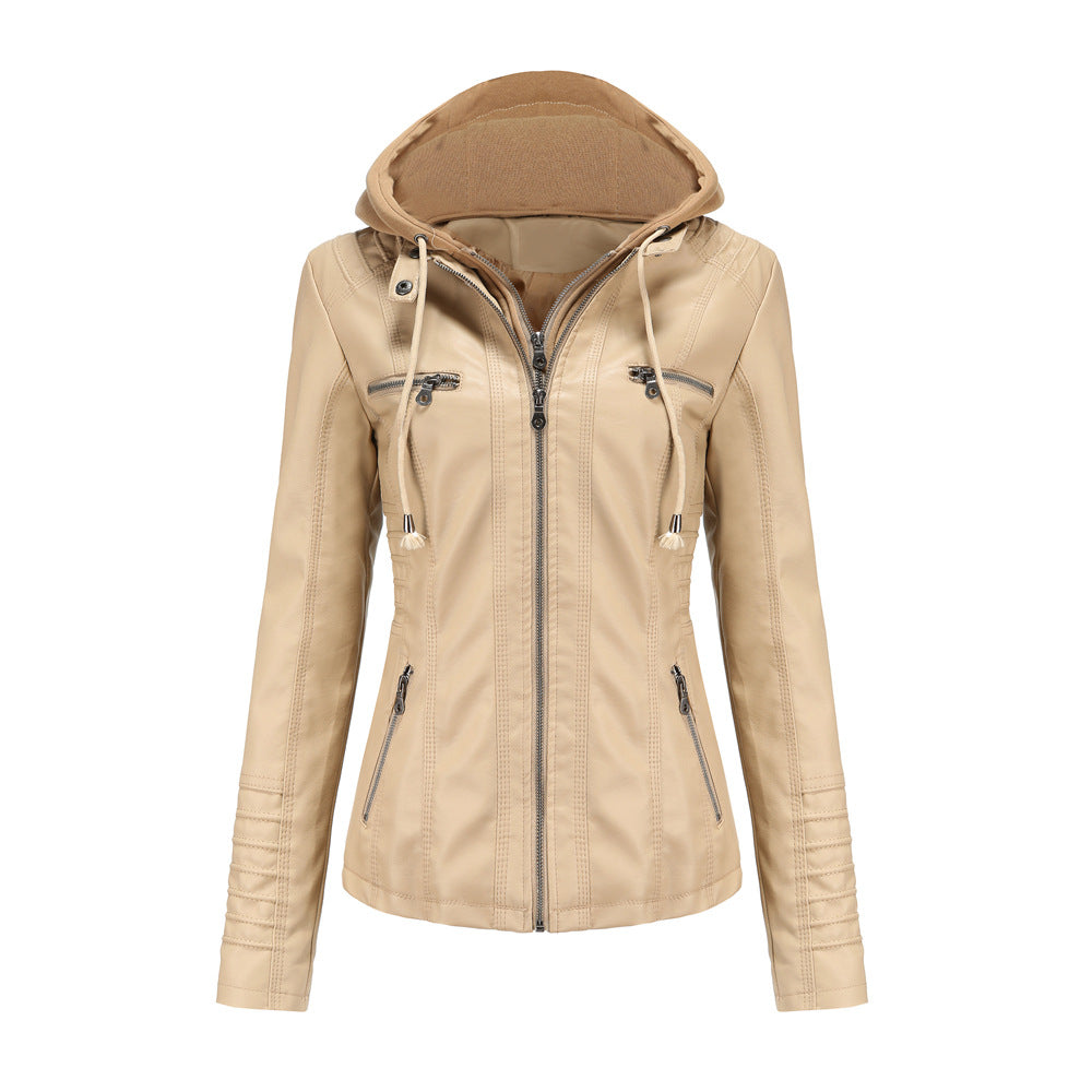 Damen Kapuzenjacke – Slim Fit – Kunstleder – Abnehmbare Kapuze – Zipper Taschen