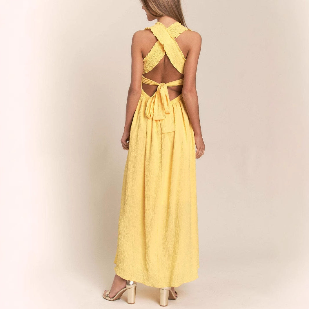 Damen Maxikleid – A-Linien Schnitt – Spaghettiträger – Elastisches Oberteil – Luftiger Stoff