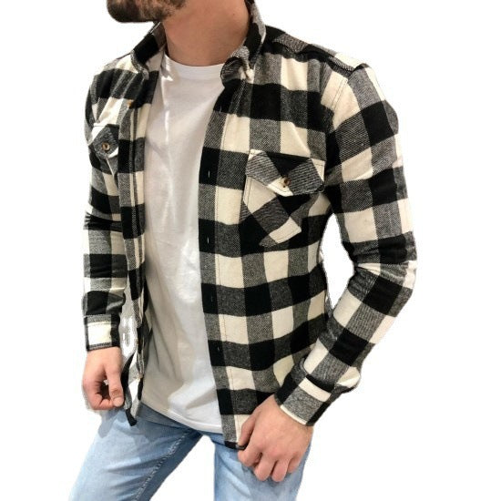 Herren Freizeithemd – Kariert – Lockere Passform – Leinen-Baumwollmix – Langarm mit Taschen