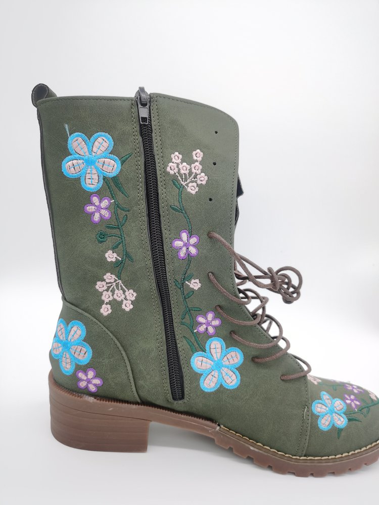 Damen Mid-Calf Boots – Strukturierte Passform – Stickerei – Blockabsatz – Reißverschluss