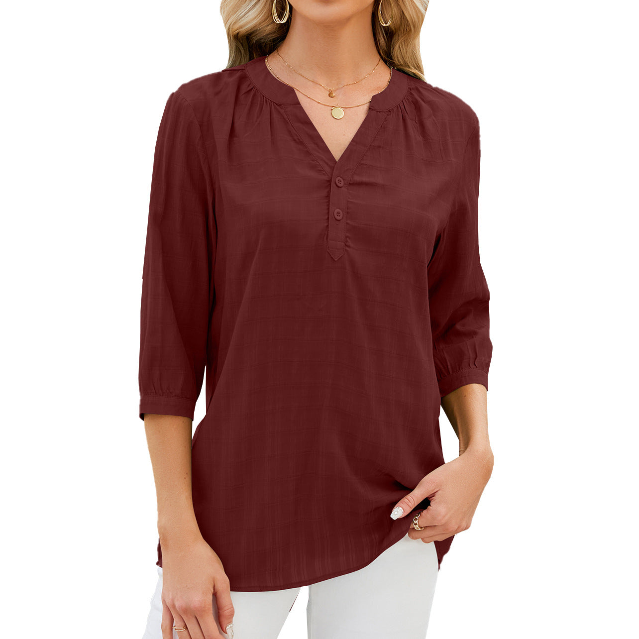 Damen Bluse – Lockere Passform – Atmungsaktives Material – 3/4 Arm – V-Ausschnitt