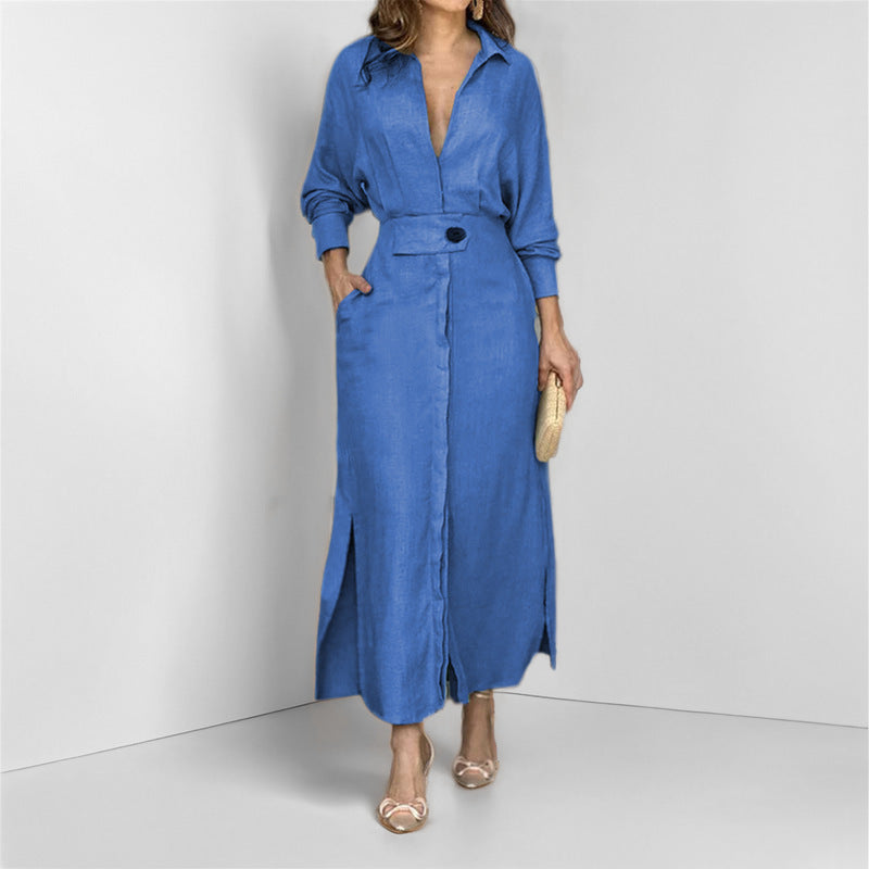Damen Kleid – Hemdblusenkleid – Linnen – Taillierte Passform – Asymmetrischer Saum