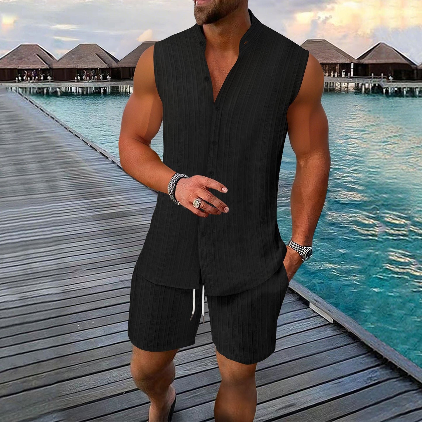 Herren Ärmelloses Hemd – Linnen – Relaxed Fit – Stehkragen – Knopfleiste
