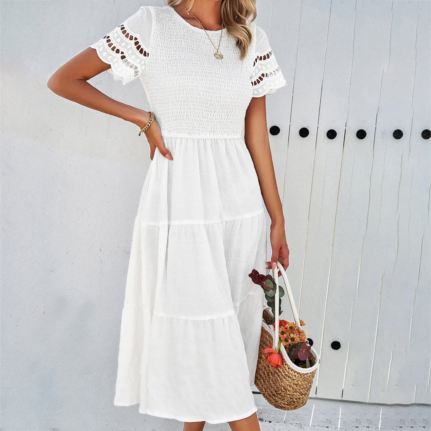 Damen Midikleid – Smock-Oberteil – Stufenrock – Cut-Out-Ärmel – Fließender Schnitt