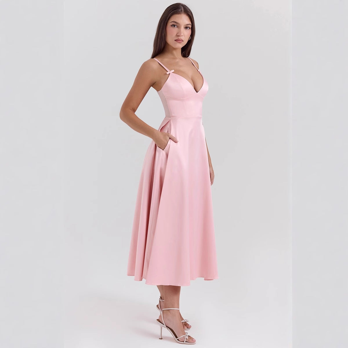 Damen Abendkleid – Luxusstoff – V-Ausschnitt – Spaghettiträger – A-Linie Midi