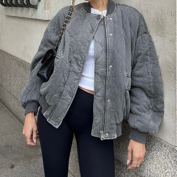 Damen Bomberjacke – Oversized Fit – Gestepptes Design – Mit Rippbündchen und Taschen