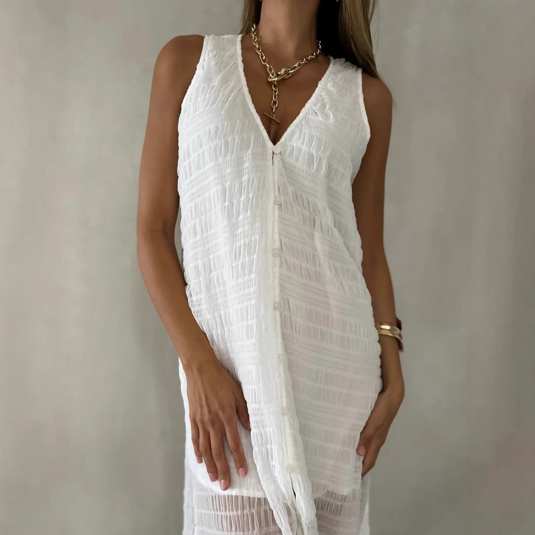 Damen Maxikleid – Fließende Passform – Ärmellos mit V-Ausschnitt – Spitze mit Schlitz