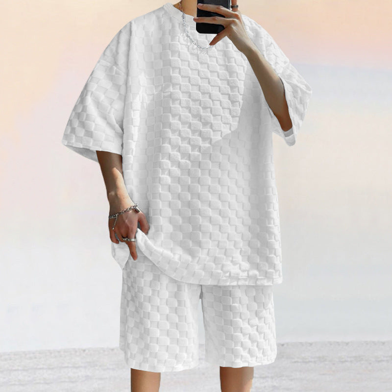 Herren Freizeit Set – Lockeres Shirt & Gerade Shorts – Weiches Jacquard-Strick