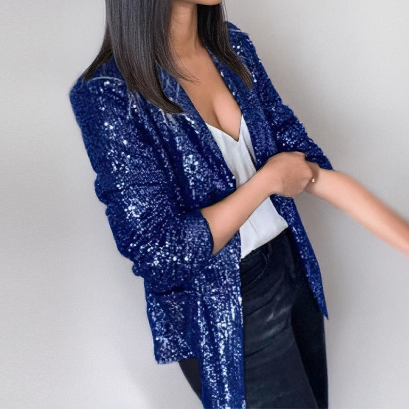 Damen Blazer – Taillierter Schnitt – Paillettenstoff – Offene Front – Lange Ärmel