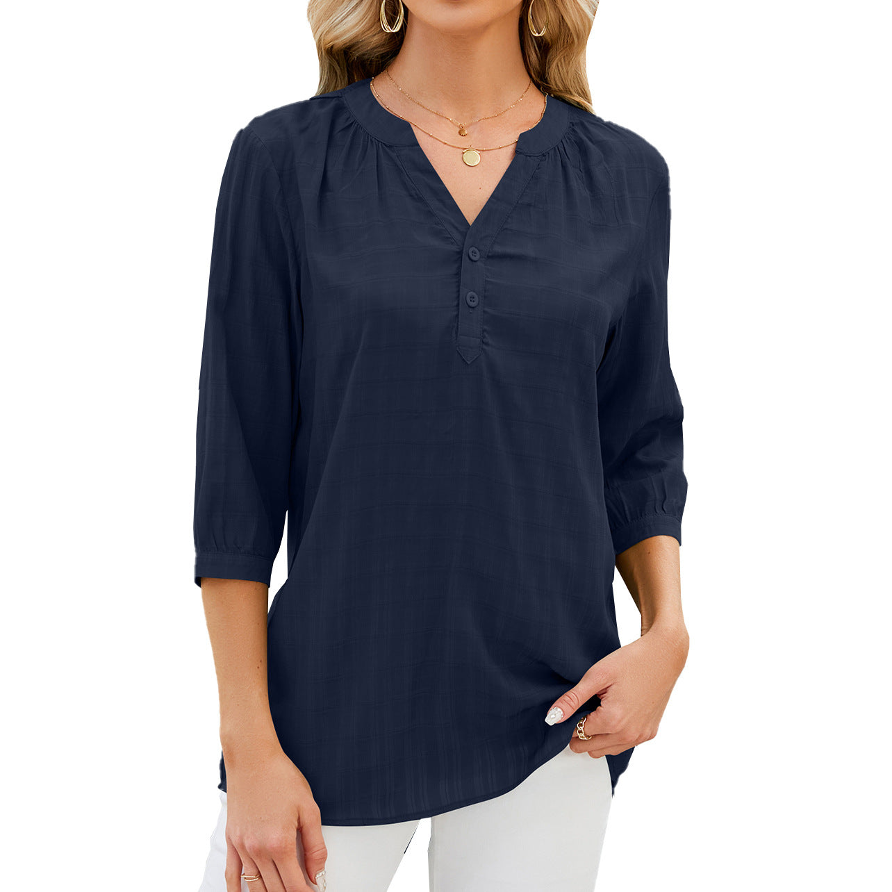 Damen Bluse – Lockere Passform – Atmungsaktives Material – 3/4 Arm – V-Ausschnitt