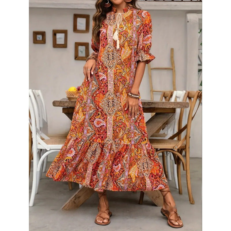 Damen Midikleid – Lockere Passform – Boho-Muster – Rüschenärmel – Tie-Detail