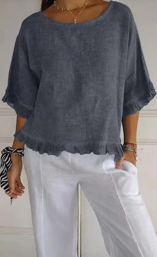 Damen Bluse Kurzarm – Baumwoll Leinen – Lockerer Schnitt – Rüschen Abschluss – Rundhals