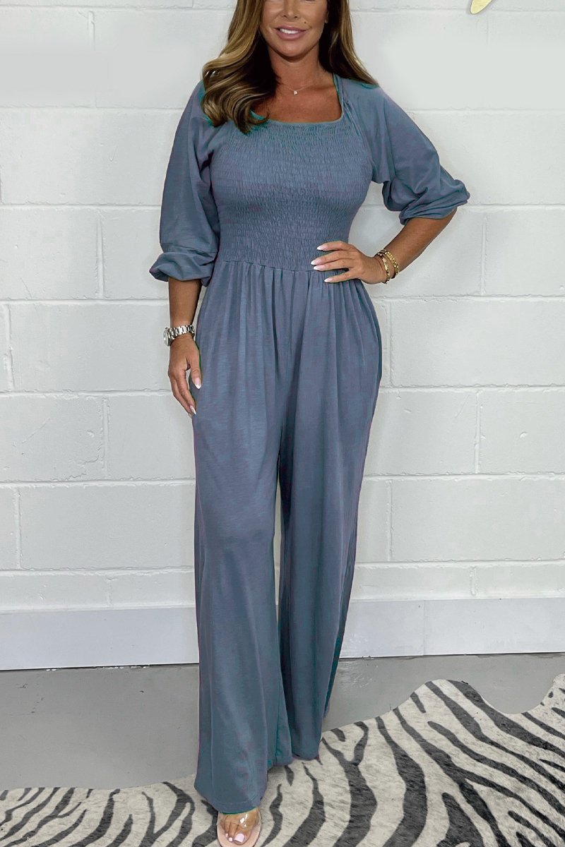 Damen Jumpsuit – Baumwollmix – Smock-Oberteil – Weites Bein – 3/4-Ärmel – Stretch
